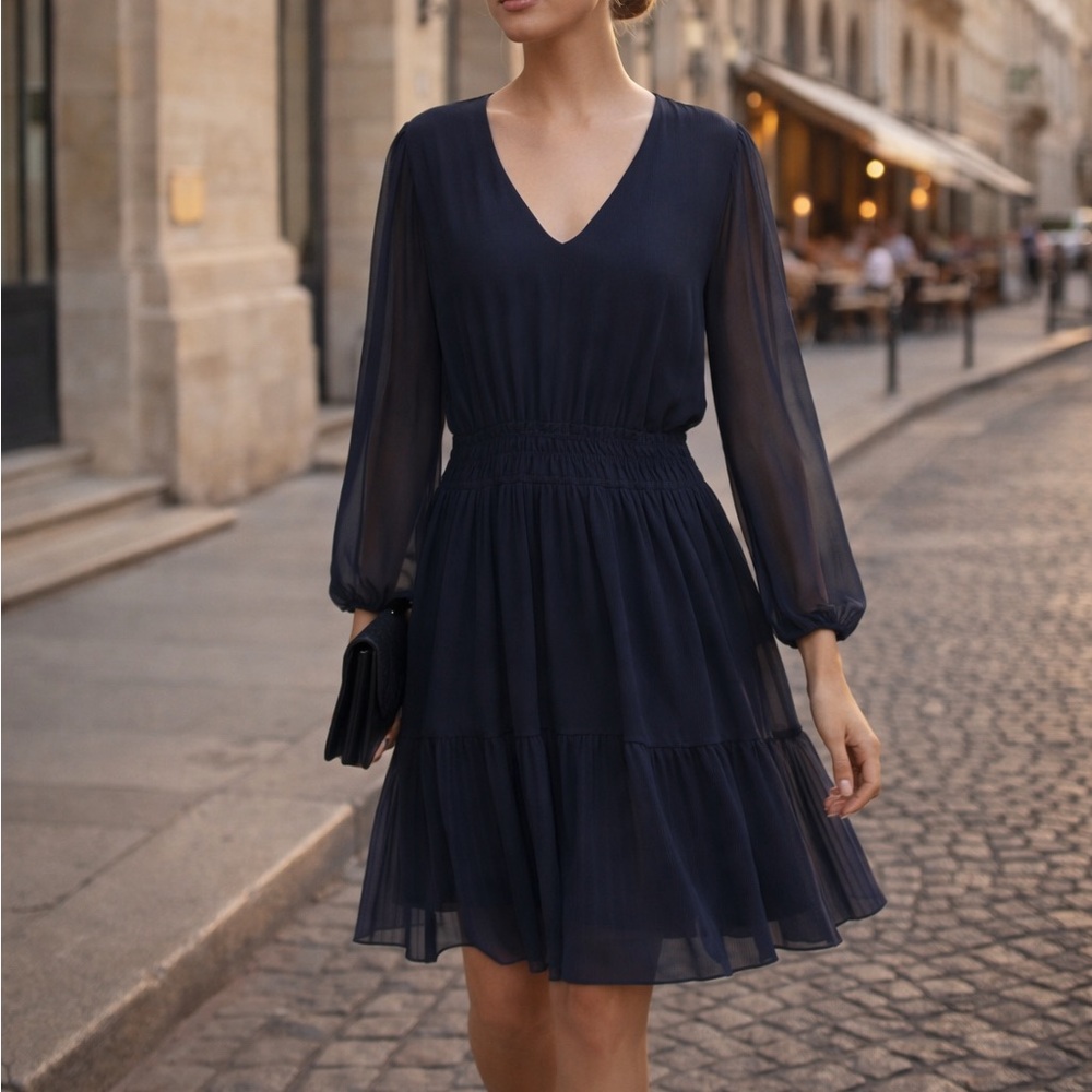 Ever New Navy Pleated Tiered Knee Length Dress Sheer Sleeve Size 12